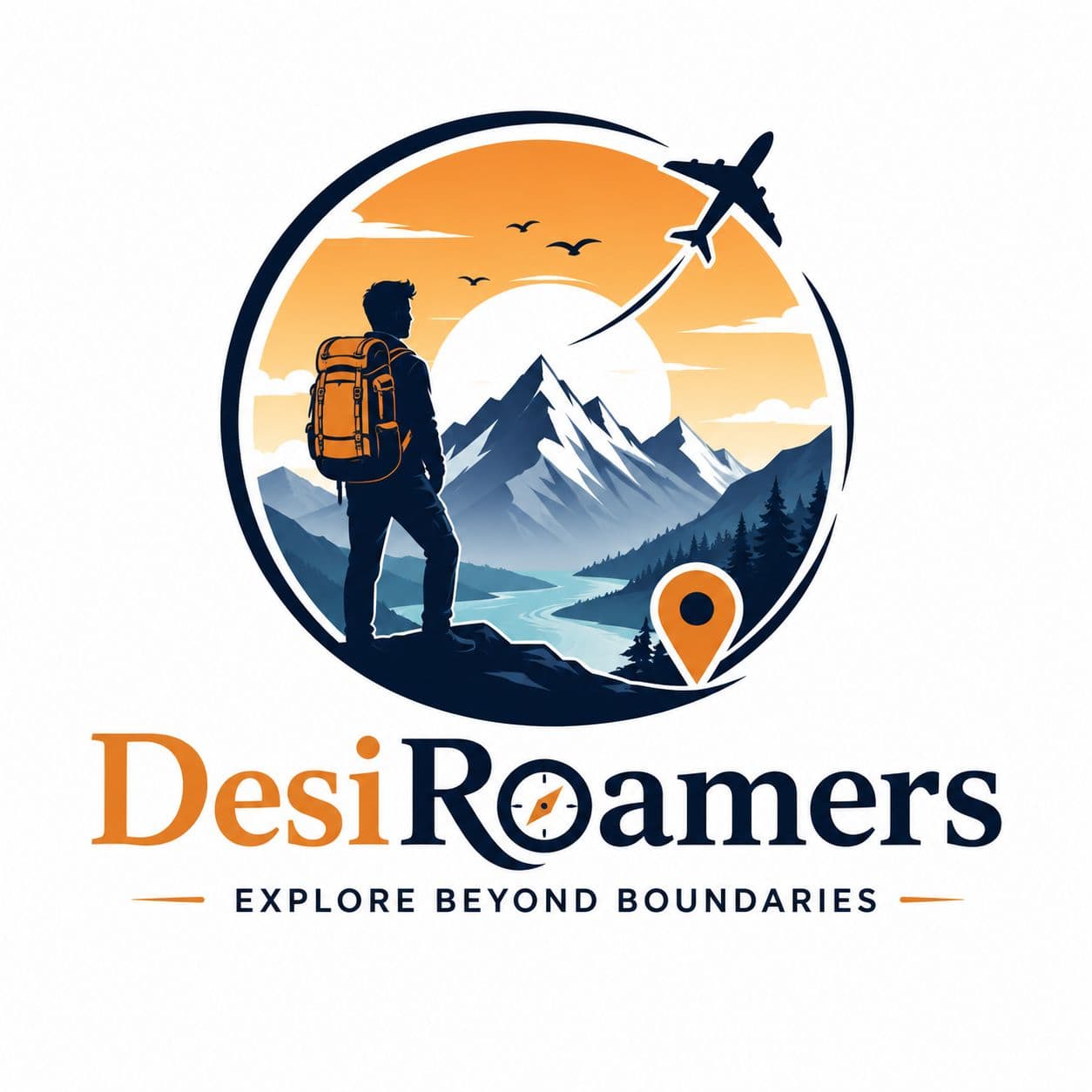 DesiRoamers travel logo featuring a traveler, mountains, river, airplane, and location pin symbolizing adventure and exploration.